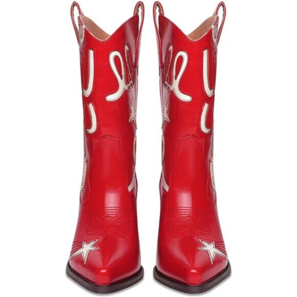 ⭐ Metallic Cowboy Boots for Women - Embroidered Mid Calf Western Cowgirl Boots - Picture 3 of 7